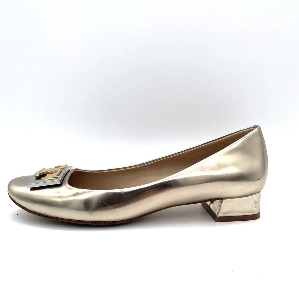 Tory Burch Gigi Block Heel Pumps Metallic Gold Leather Logo Shoes Women's 8M